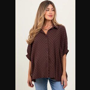 Pinkblush Anniewear Brown Checker Short Sleeve Oversized Maternity Blouse S NWT